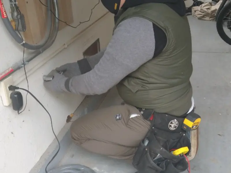 Electrician performing outlet wiring in a Everett garage